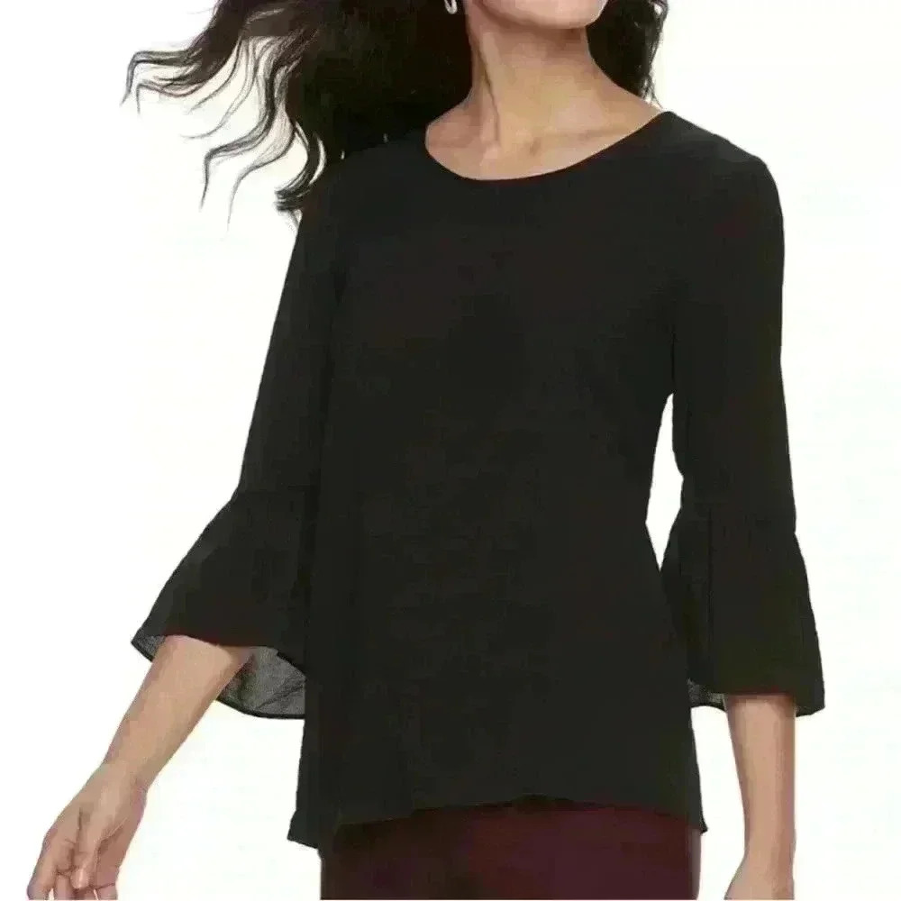 Elle Women's Black Bell Sleeve Top 3/4 Sleeve Blouse Size M Casual